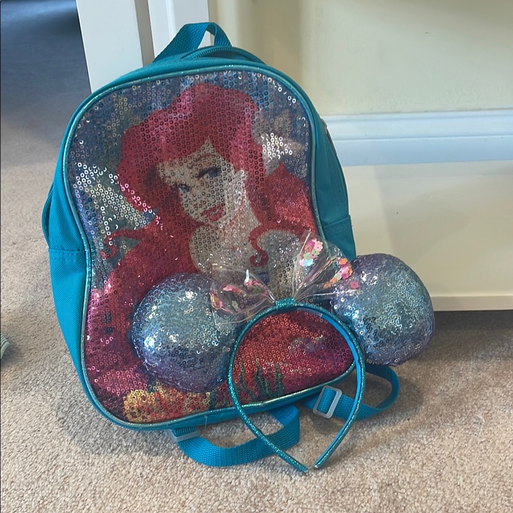 Disney Ariel Sequin Backpack with Headband - Teal and Red